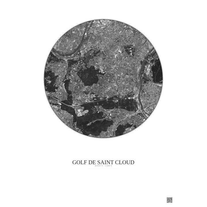 Affiche Golf De Saint Cloud – Poster vue satellite 5km N&B | Gravura – Fond clair