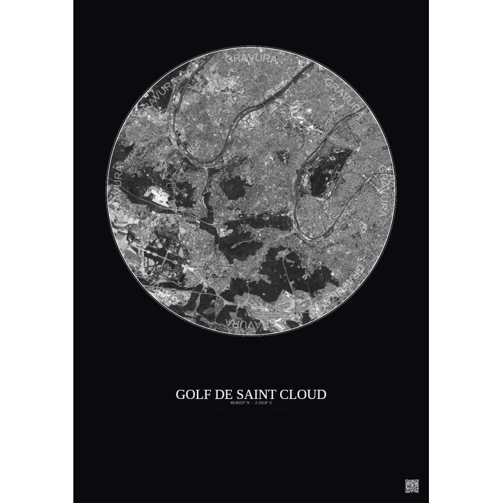Affiche Golf De Saint Cloud – Poster vue satellite 10km N&B | Gravura – Fond foncé
