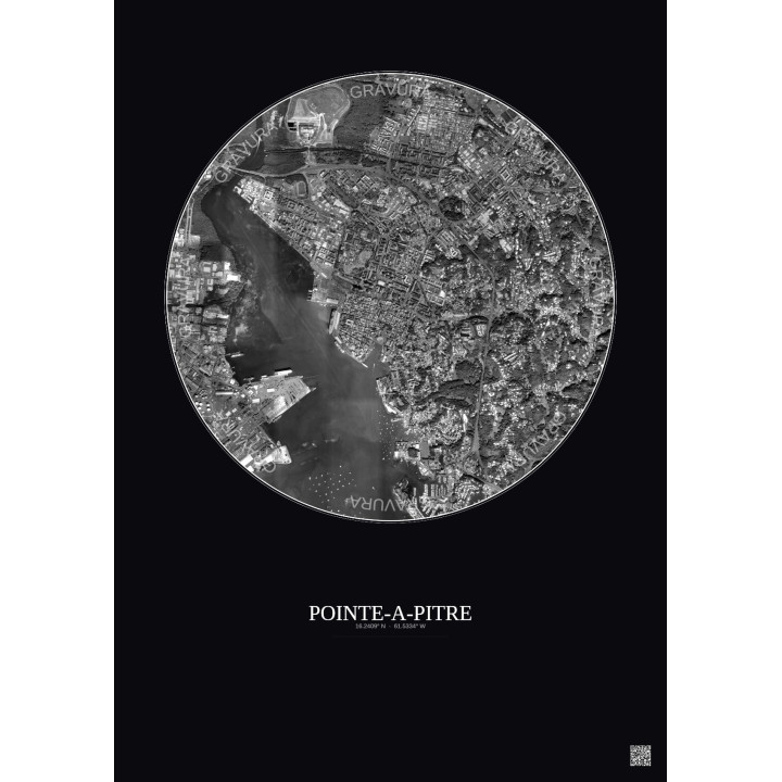 Pointe A Pitre Satellite View Poster 2.5km B&W | Gravura – Dark background
