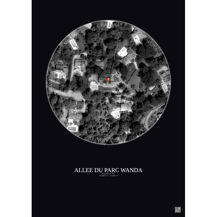 Roquefort Les Pins Satellite View Poster 0.1km B&W | Gravura – Dark background