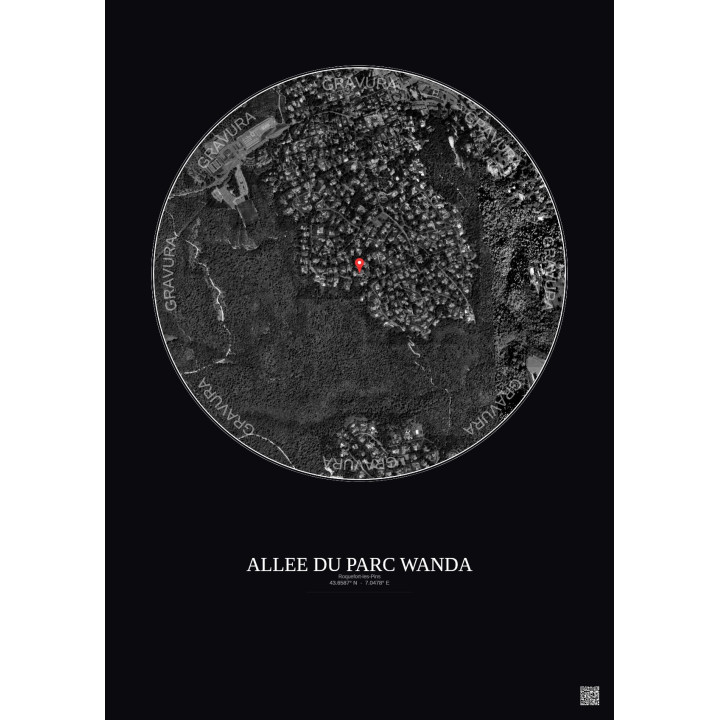 Affiche Roquefort Les Pins – Poster vue satellite 1km N&B | Gravura – Fond foncé