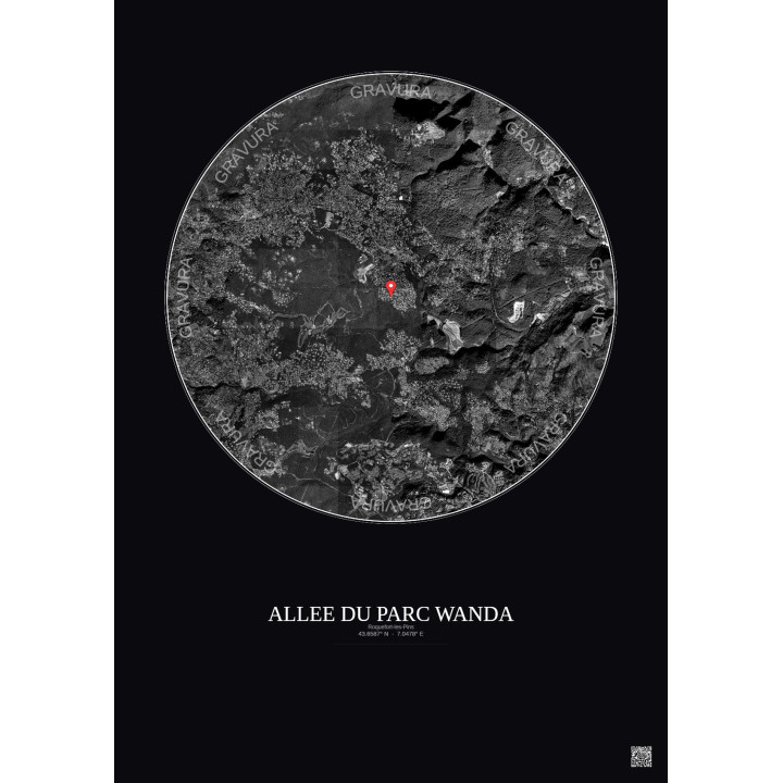 Affiche Roquefort Les Pins – Poster vue satellite 5km N&B | Gravura – Fond foncé