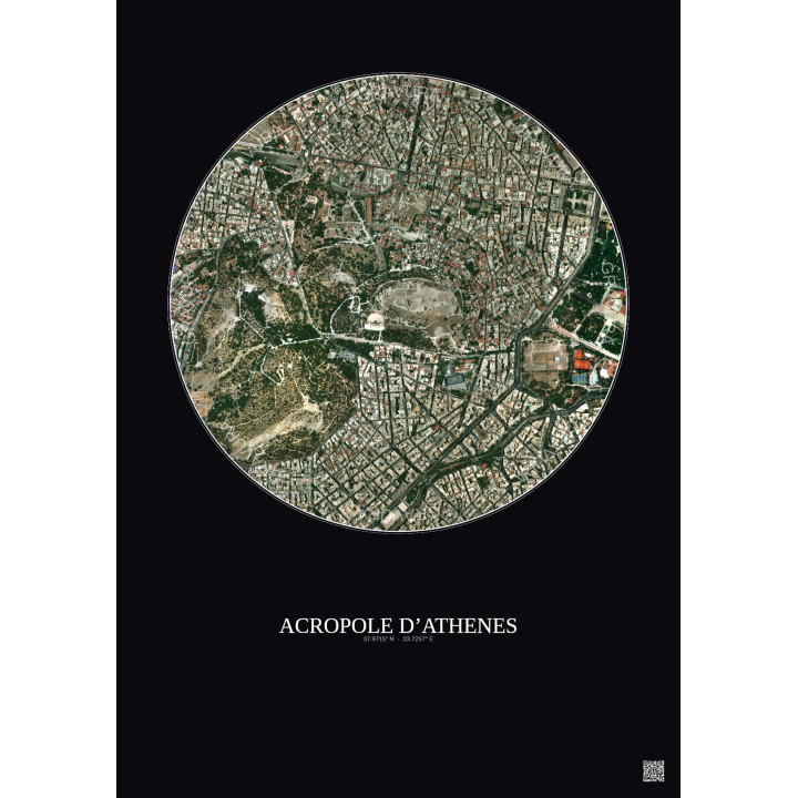 Affiche Acropole Dathenes – Poster vue satellite 1km Couleur | Gravura – Fond foncé