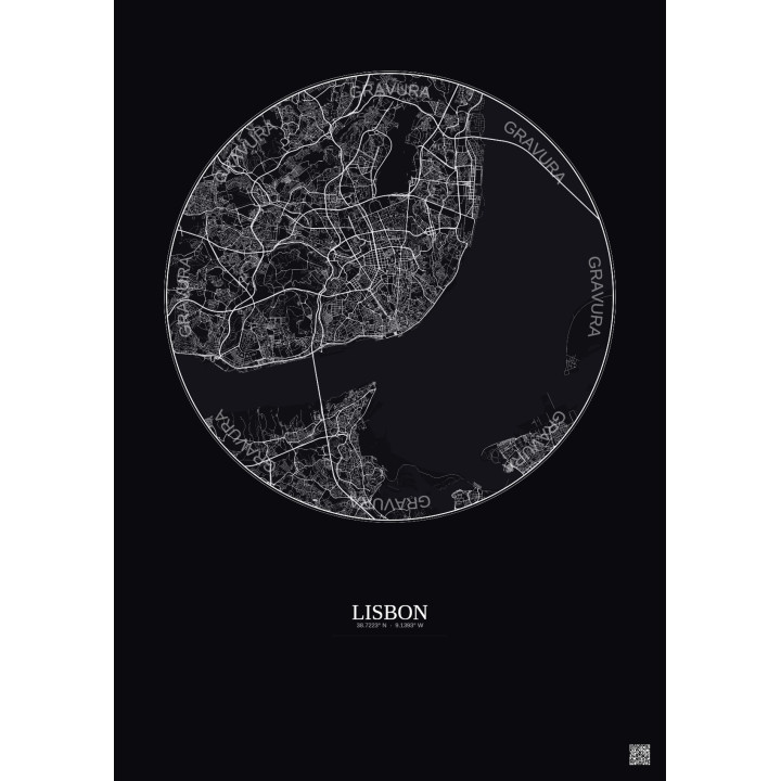Affiche Lisbon – Poster carte de ville 10km | Gravura – Fond foncé