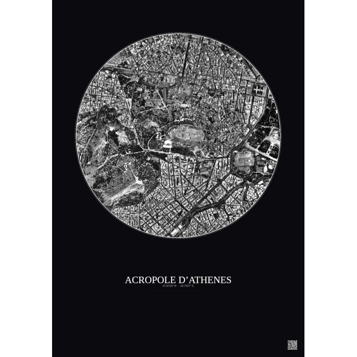 Acropole Dathenes Satellite View Poster 1km B&W | Gravura – Dark background