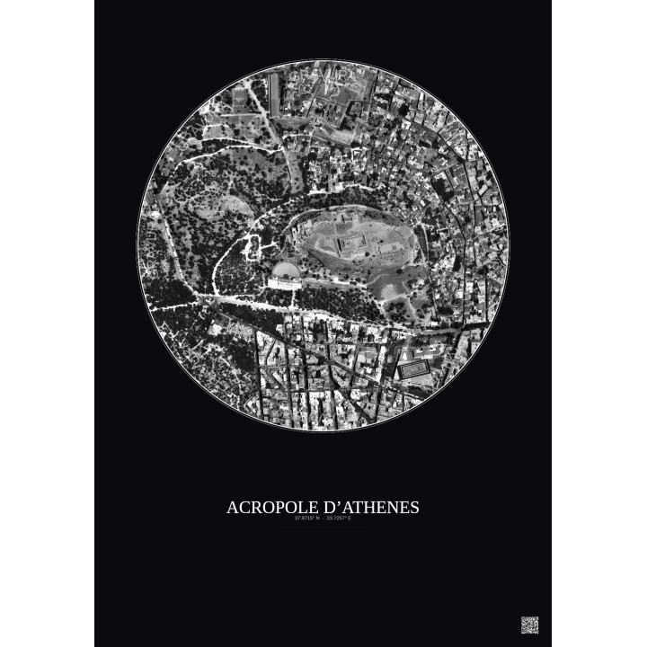 Acropole Dathenes Satellite View Poster 0.5km B&W | Gravura – Dark background