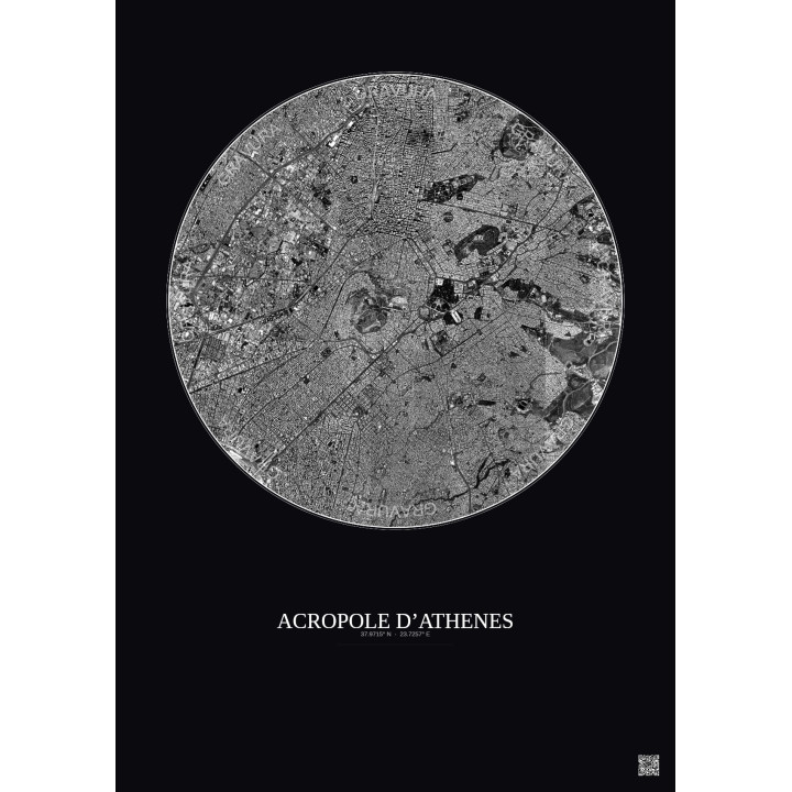 Acropole Dathenes Satellite View Poster 5km B&W | Gravura – Dark background
