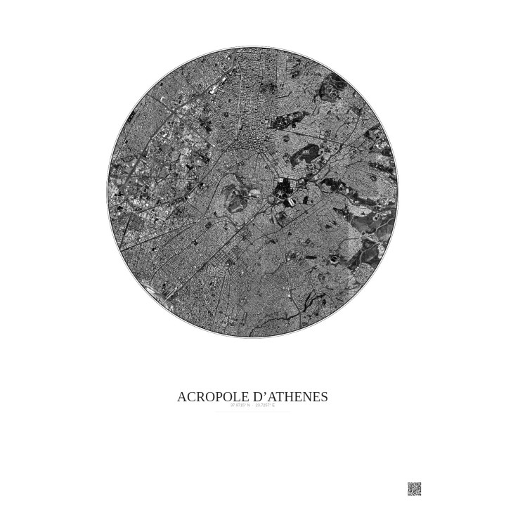 Acropole Dathenes Satellite View Poster 5km B&W | Gravura – Light background