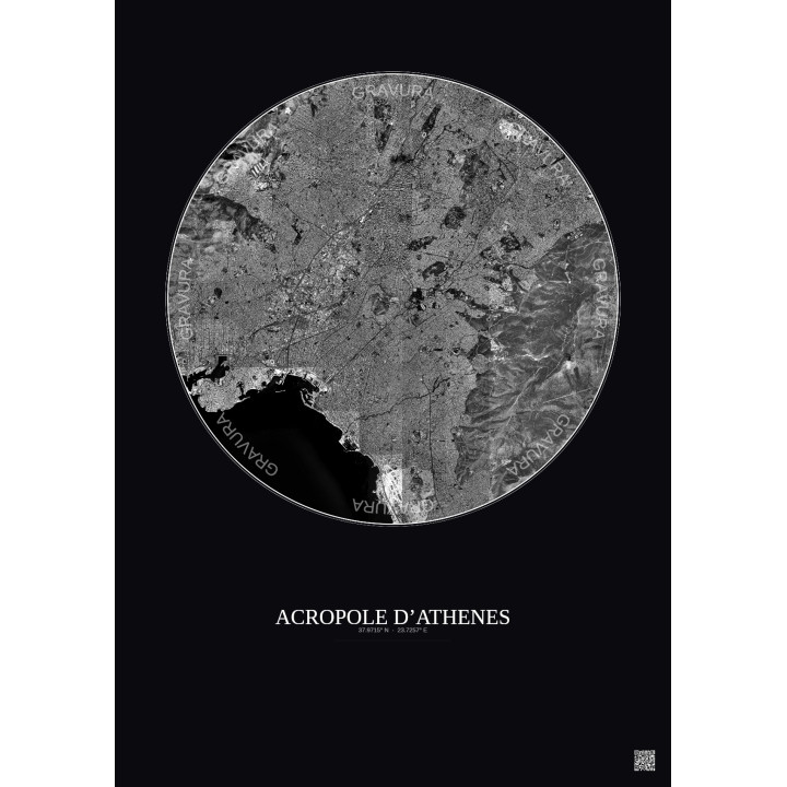 Acropole Dathenes Satellite View Poster 10km B&W | Gravura – Dark background