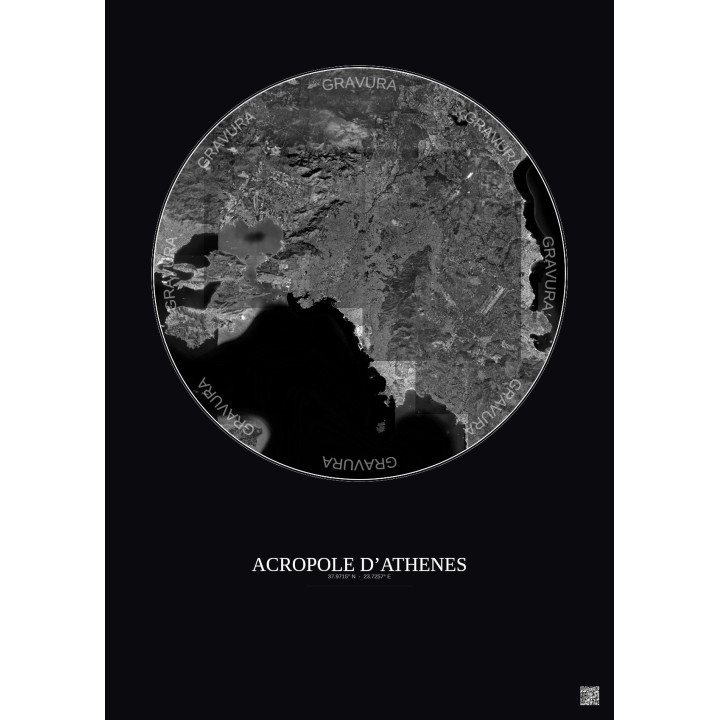 Acropole Dathenes Satellite View Poster 30km B&W | Gravura – Dark background
