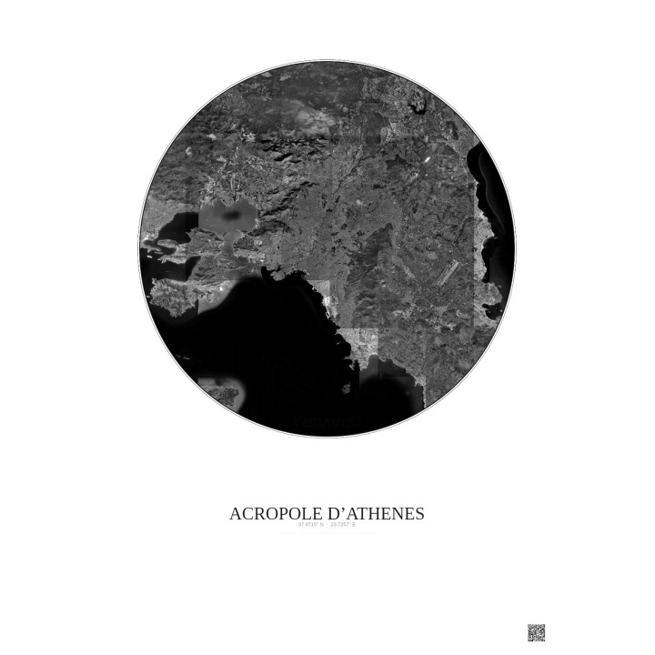 Acropole Dathenes Satellite View Poster 30km B&W | Gravura – Light background
