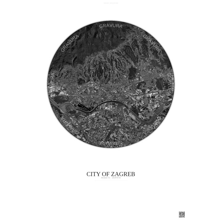 City Of Zagreb Satellite View Poster 10km B&W | Gravura – Light background