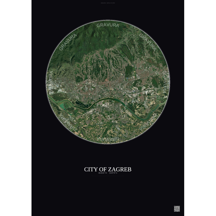 City Of Zagreb Satellite View Poster 10km Color | Gravura – Dark background