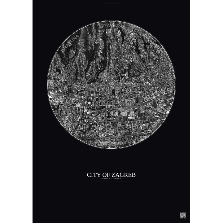 Affiche City Of Zagreb – Poster vue satellite 2.5km N&B | Gravura – Fond foncé
