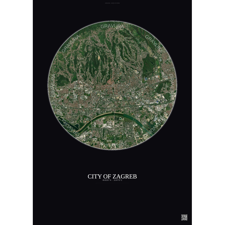 Affiche City Of Zagreb – Poster vue satellite 6km Couleur | Gravura – Fond foncé