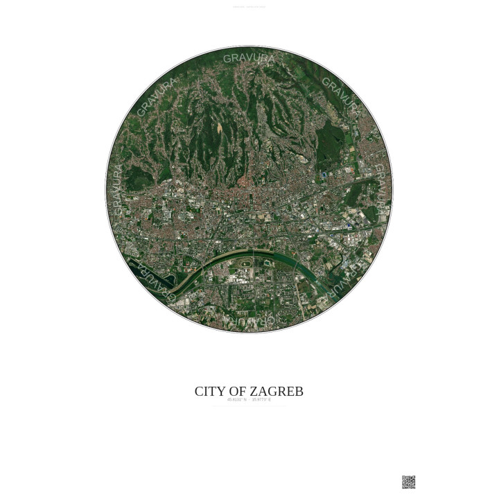 City Of Zagreb Satellite View Poster 6km Color | Gravura – Light background