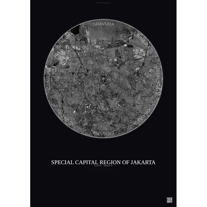 Special Capital Region Of Jakarta Satellite View Poster 10km B&W | Gravura – Dark background