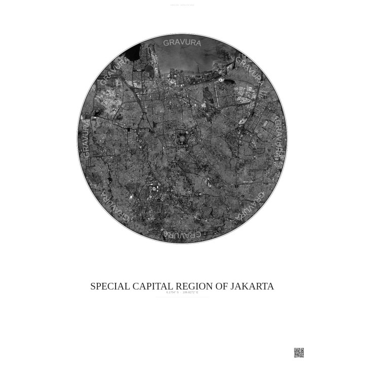 Affiche Special Capital Region Of Jakarta – Poster vue satellite 10km N&B | Gravura – Fond clair