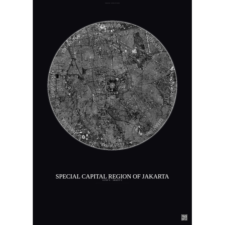 Special Capital Region Of Jakarta Satellite View Poster 6km B&W | Gravura – Dark background