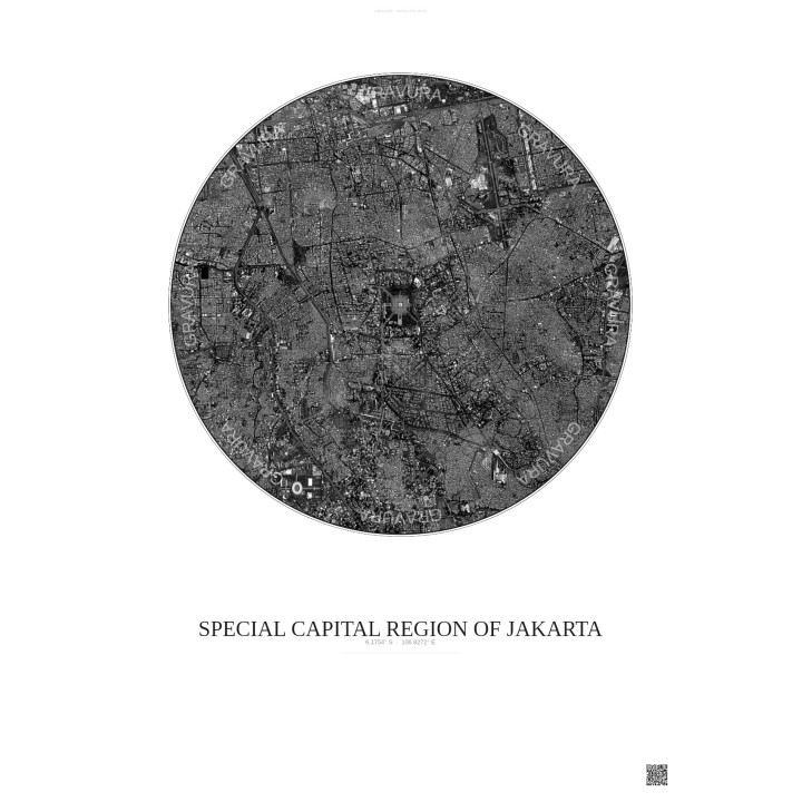 Special Capital Region Of Jakarta Satellite View Poster 6km B&W | Gravura – Light background