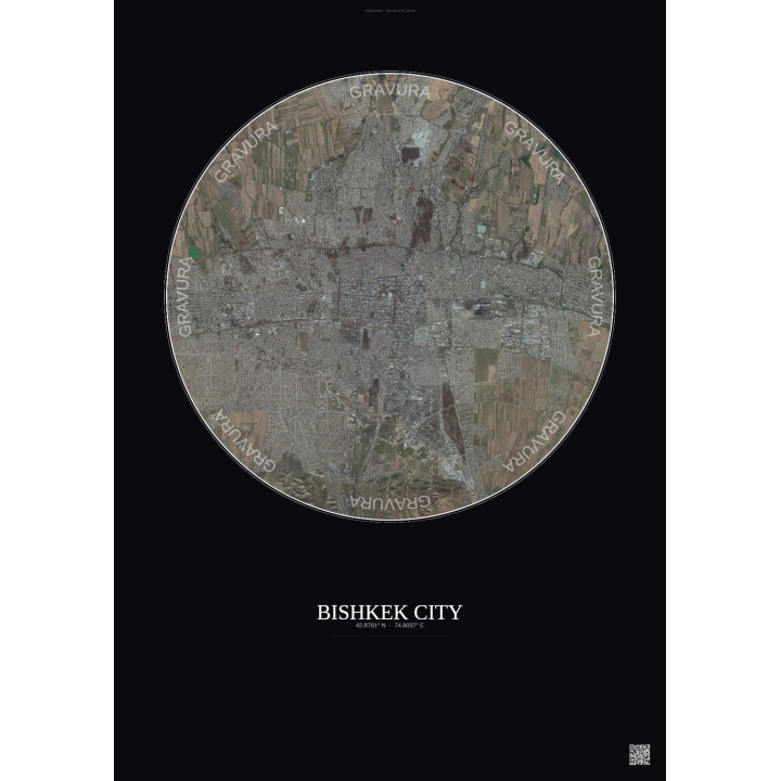 Affiche Bishkek City – Poster vue satellite 10km Couleur | Gravura – Fond foncé