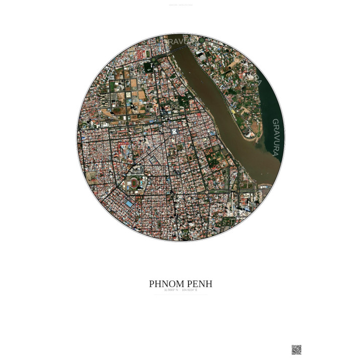 Affiche Phnom Penh – Poster vue satellite 2.5km Couleur | Gravura – Fond clair