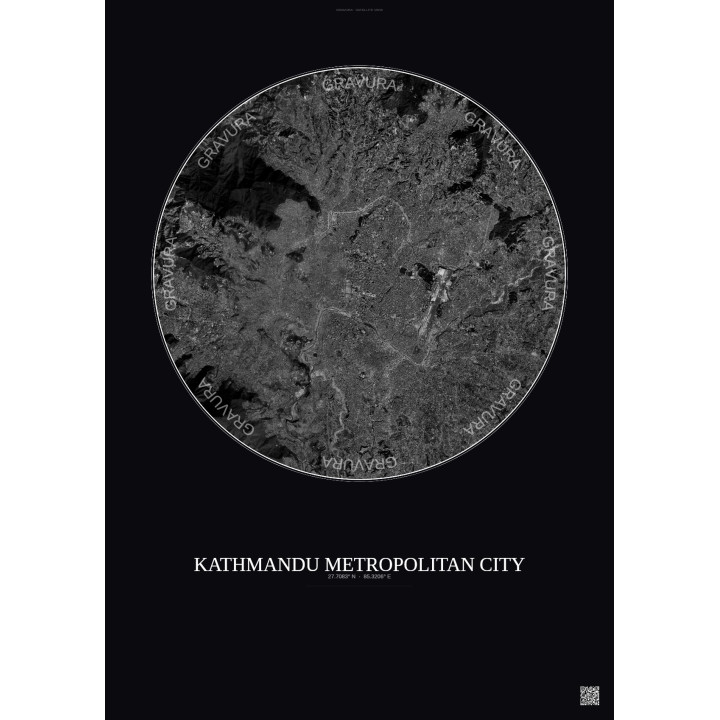 Kathmandu Metropolitan City Satellite View Poster 10km B&W | Gravura – Dark background