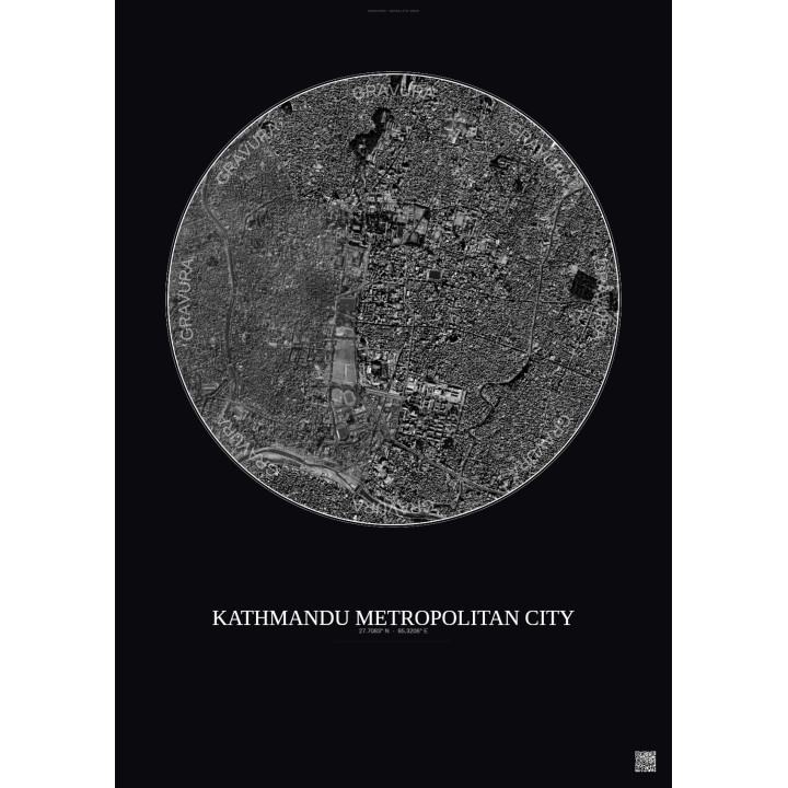 Kathmandu Metropolitan City Satellite View Poster 2.5km B&W | Gravura – Dark background