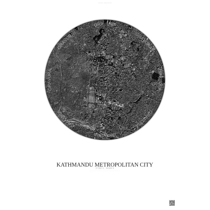 Affiche Kathmandu Metropolitan City – Poster vue satellite 2.5km N&B | Gravura – Fond clair