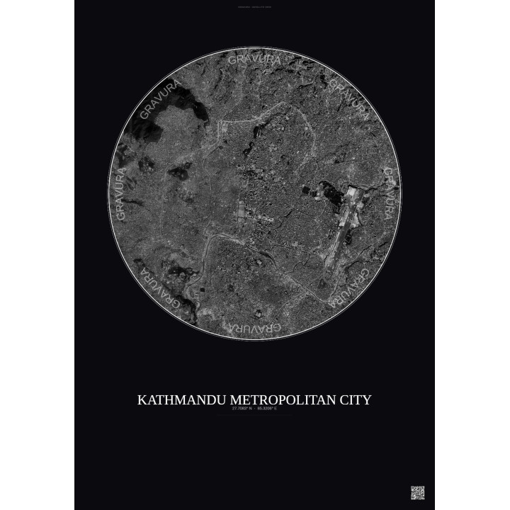 Kathmandu Metropolitan City Satellite View Poster 6km B&W | Gravura – Dark background