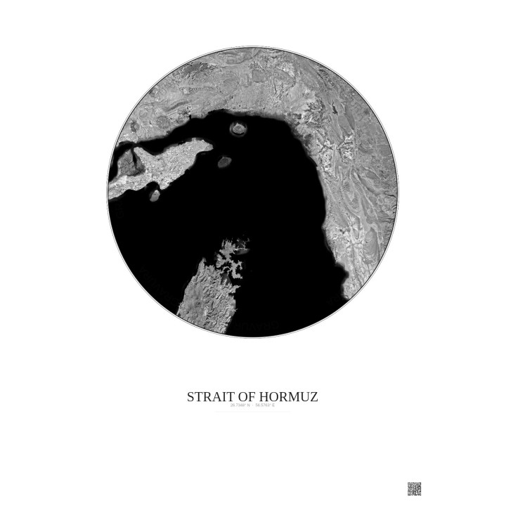 Strait Of Hormuz Satellite View Poster 100km B&W | Gravura – Light background