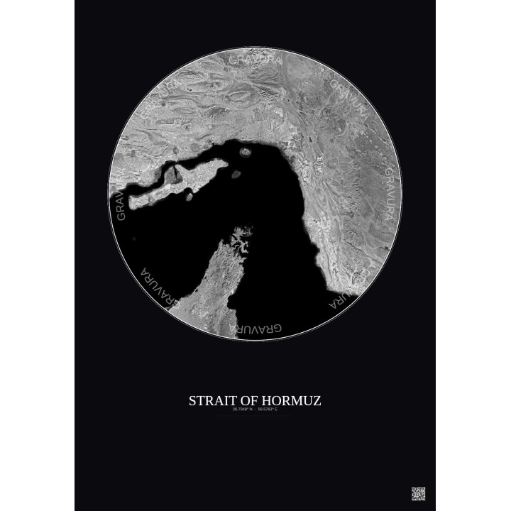 Strait Of Hormuz Satellite View Poster 150km B&W | Gravura – Dark background