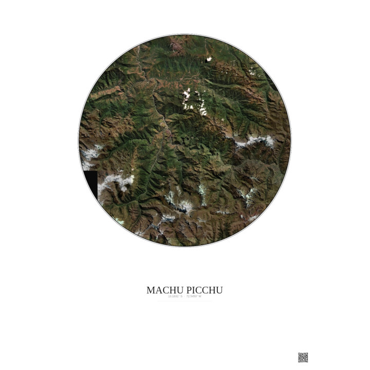 Affiche Machu Picchu – Poster vue satellite 30km Couleur | Gravura – Fond clair