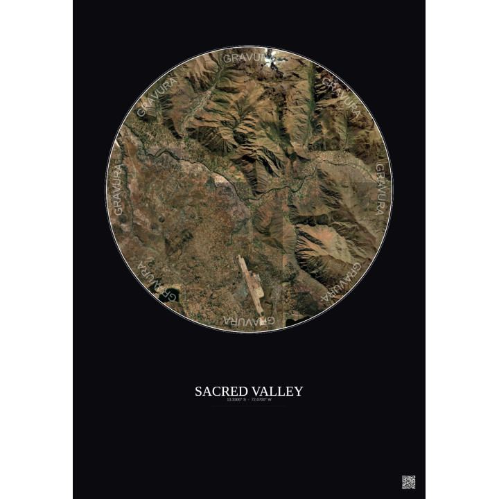 Sacred Valley Satellite View Poster 10km Color | Gravura – Dark background