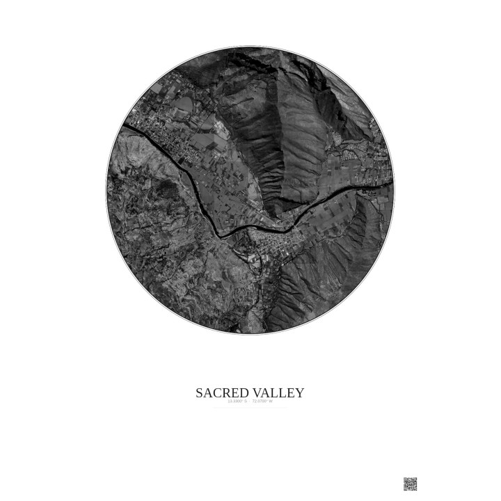 Affiche Sacred Valley – Poster vue satellite 2.5km N&B | Gravura – Fond clair