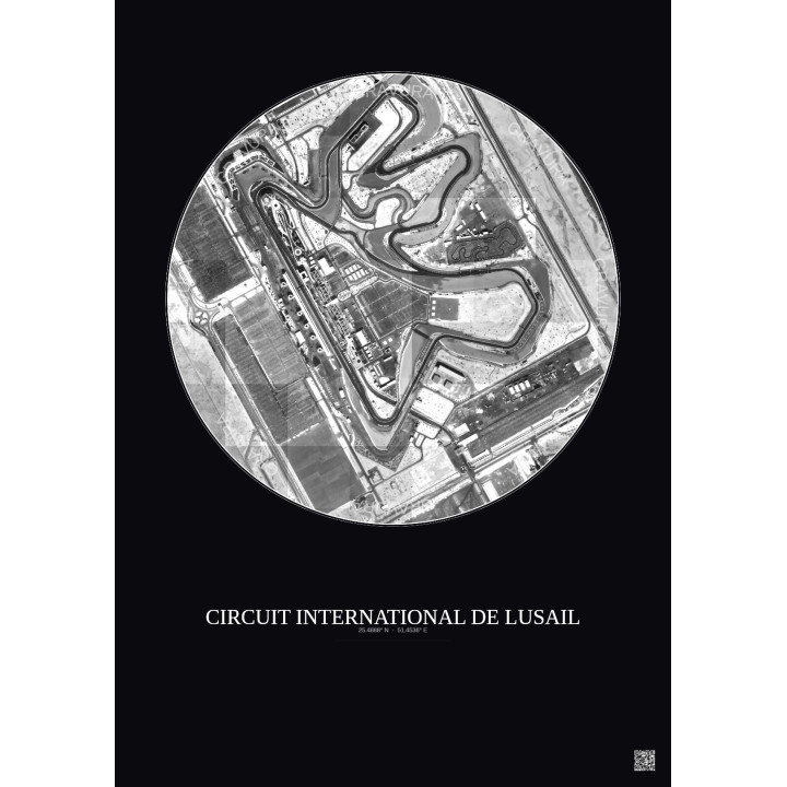 Circuit International De Lusail Satellite View Poster 1km B&W | Gravura – Dark background