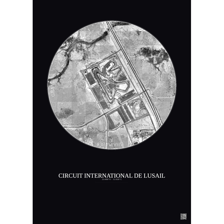 Circuit International De Lusail Satellite View Poster 2.5km B&W | Gravura – Dark background