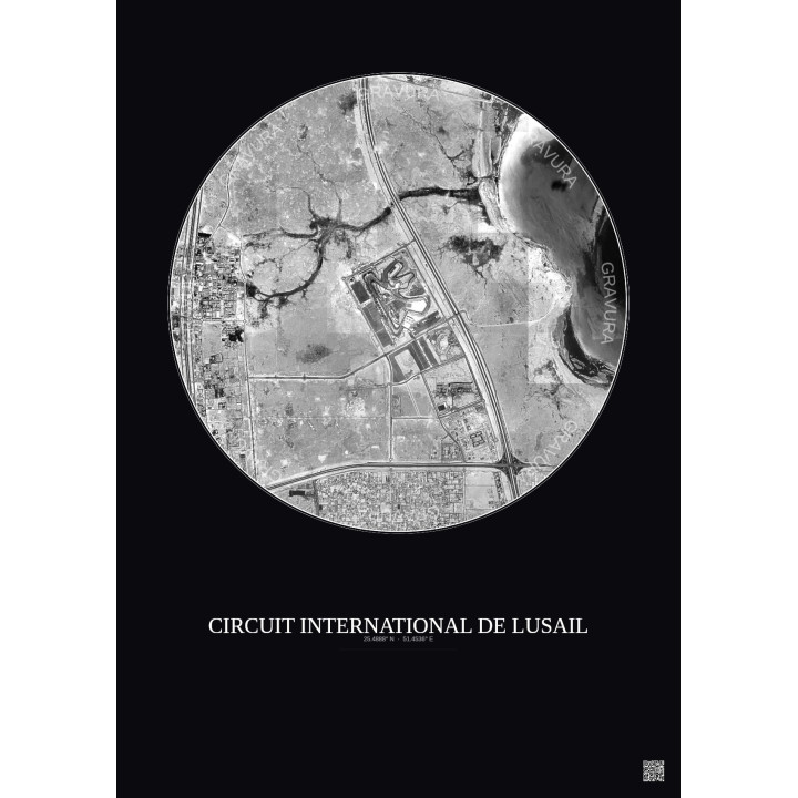 Circuit International De Lusail Satellite View Poster 5km B&W | Gravura – Dark background