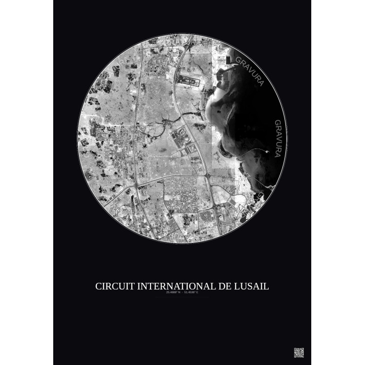 Circuit International De Lusail Satellite View Poster 10km B&W | Gravura – Dark background