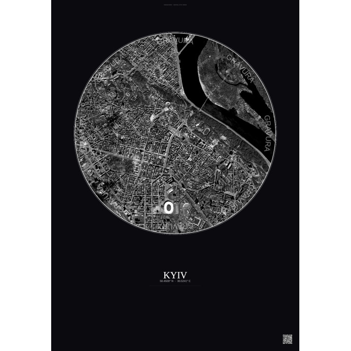 Affiche Kyiv – Poster vue satellite 2.5km N&B | Gravura – Fond foncé
