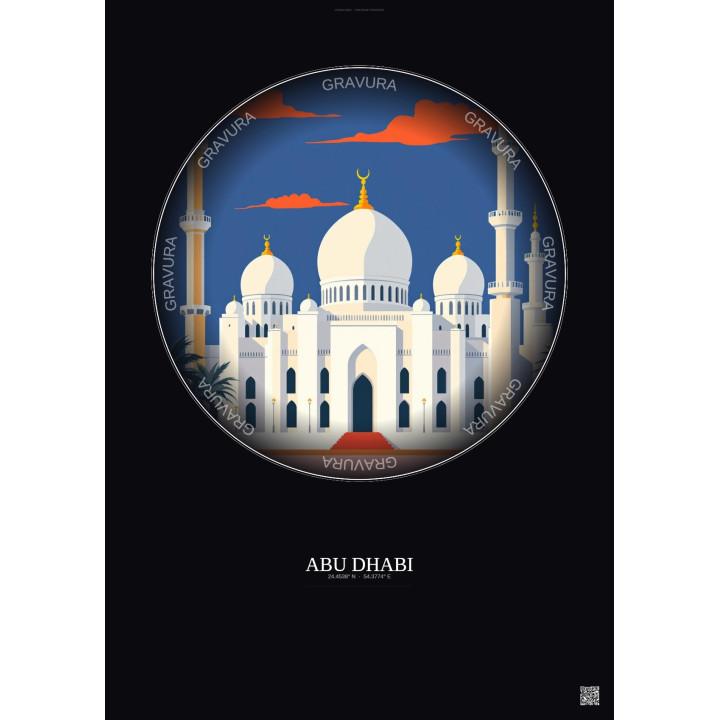 Affiche Abu Dhabi – Poster illustration vintage – Sheikh Zayed Mosque | Gravura – Fond foncé