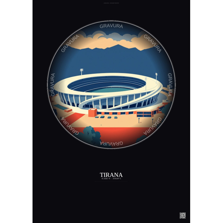 Affiche Tirana – Poster illustration vintage – Air Albania Stadium | Gravura – Fond foncé