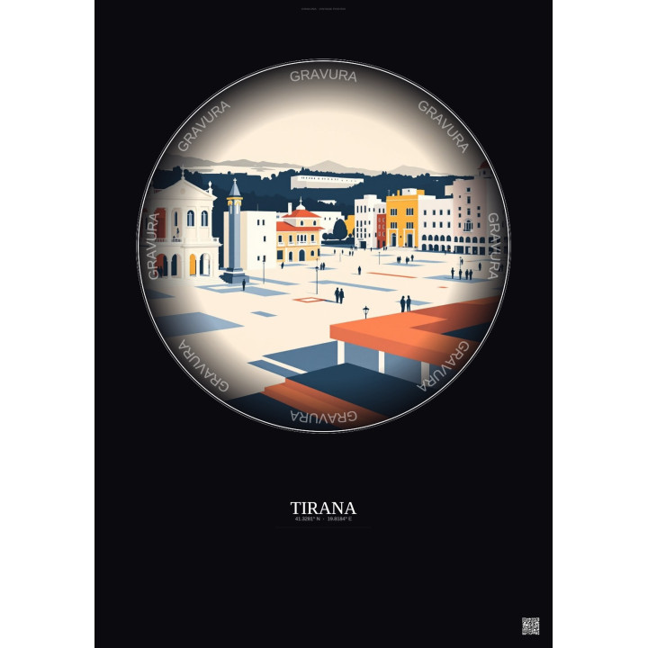 Affiche Tirana – Poster illustration vintage – Skanderbeg Square | Gravura – Fond foncé