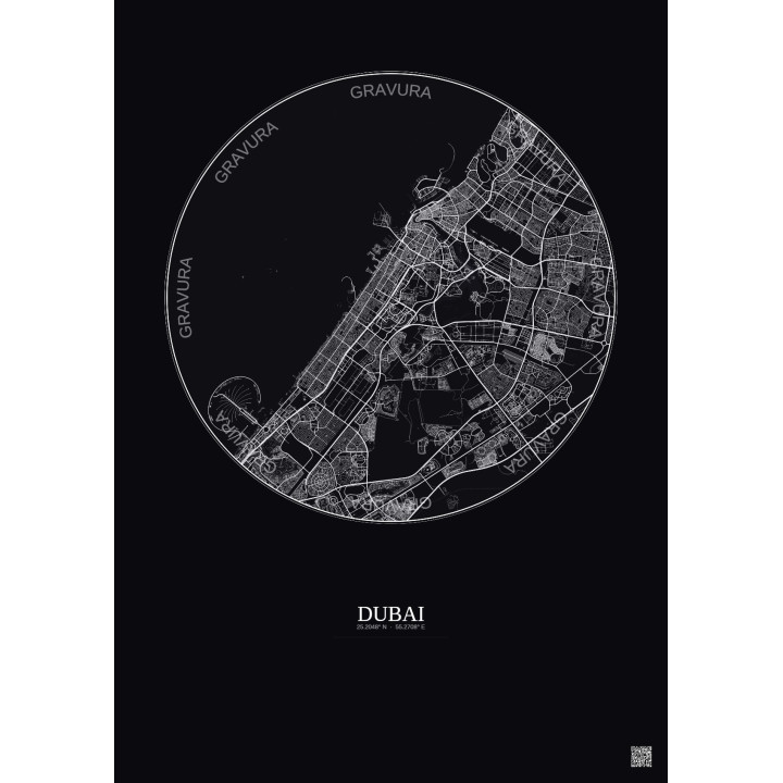 Affiche Dubai – Poster carte de ville 20km | Gravura – Fond foncé