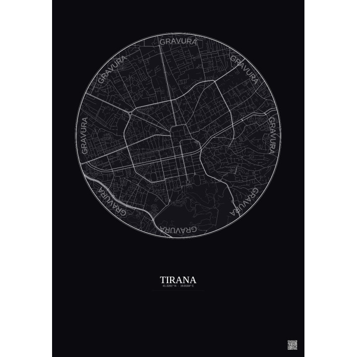 Affiche Tirana – Poster carte de ville 2.5km | Gravura – Fond foncé