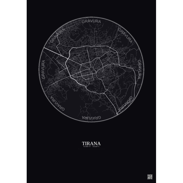 Affiche Tirana – Poster carte de ville 6km | Gravura – Fond foncé