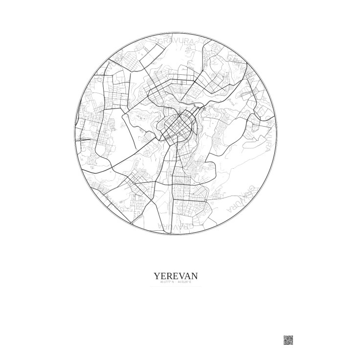 Yerevan City Map Poster 6km | Gravura – Light background