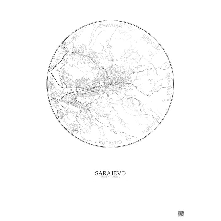 Affiche Sarajevo – Poster carte de ville 10km | Gravura – Fond clair