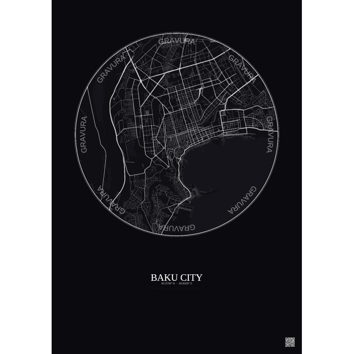Affiche Baku City – Poster carte de ville 6km | Gravura – Fond foncé