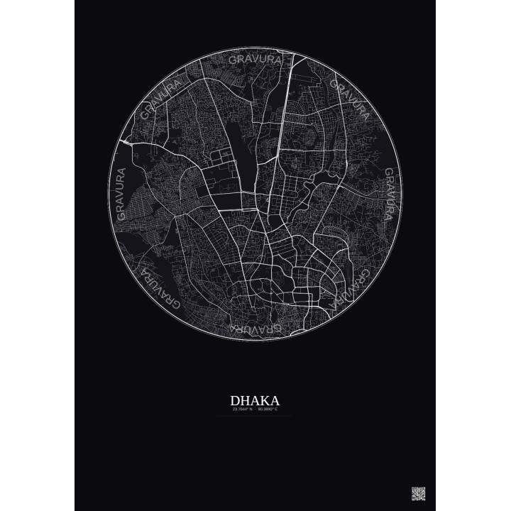 Affiche Dhaka – Poster carte de ville 6km | Gravura – Fond foncé
